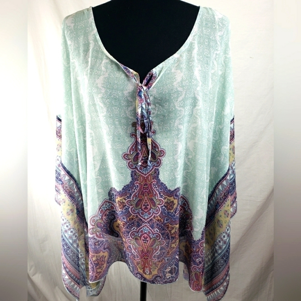 One World Teal Kimono Sheer Sleeve Printed Poncho Sz L